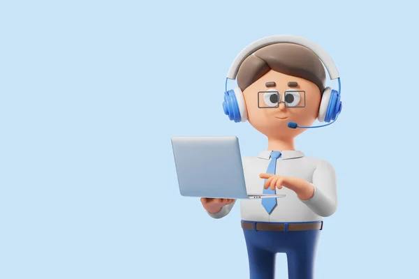 Cartoon character man operator finger point at laptop, wearing headset on empty copy space background. Concept of customer service and support, hotline and feedback. 3D rendering illustration