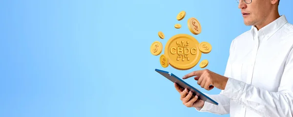 Tablet Toque Dedo Empresário Mãos Moeda Moeda Digital Banco Central — Fotografia de Stock