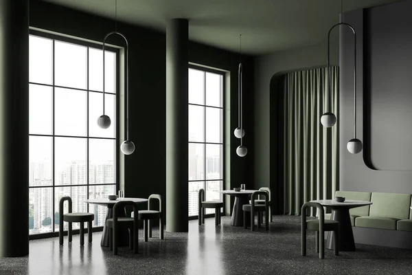 Corner Stylish Restaurant Dark Gray Green Walls Concrete Floor Comfortable — Stock Photo, Image