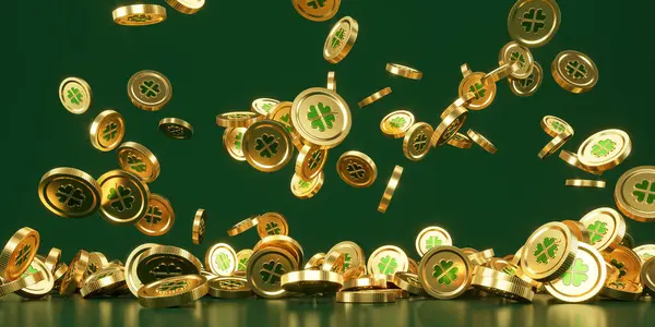 Gouden Munten Met Klaverblad Vallen Groene Achtergrond Patrick Dagsymbool Concept — Stockfoto
