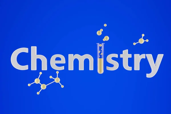 White word chemistry written over dark blue background with test tube. Concept of chemistry, education and science. Research and development. 3d rendering