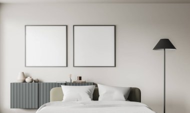 Konforlu otel odası iç yatağı ve çekmecesi dekorasyon, beyaz yatak ve lambayla dolu. Kare tuval posterleri serili şık bir dinlenme odası. 3B görüntüleme