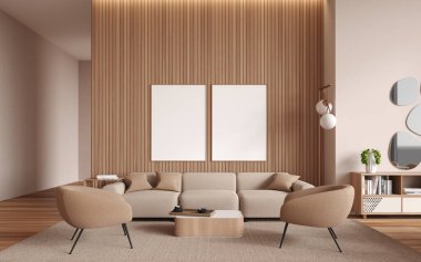 Modern oturma odasının içinde bej ve ahşap duvarlar, ahşap zemin, rahat bej kanepe, iki koltuk ve kare kahve masası. İki dikey maket poster. 3d oluşturma