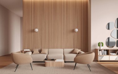 Modern oturma odasının içinde bej ve ahşap duvarlar, ahşap zemin, rahat bej kanepe, iki koltuk ve kare kahve masası. 3d oluşturma