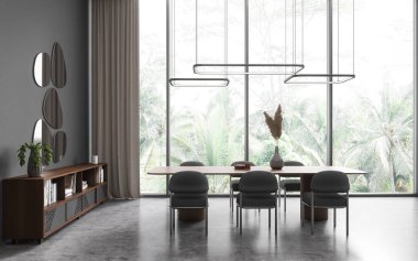 Gri otel odasının içinde masa ve sandalyeler, İskandinav büfesi ve beton döşemeleri var. Tropik bölgelerde panoramik pencere. 3B görüntüleme