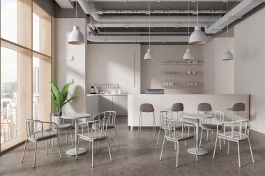 Bar tezgahlı bej kafe, sandalyeli ve masalı yemek alanı. Bilgisayar, mutfak gereçleri ve beton zemini olan nakit masası. Kuala Lumpur gökdelenlerinin panoramik penceresi. 3B görüntüleme