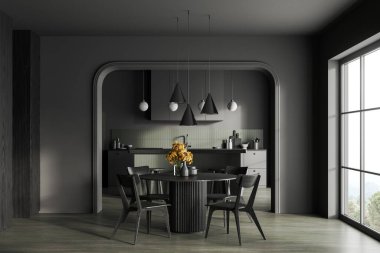 Yemek masası, sandalyeler, kemer bölmesi ve arka planda yemek dolabı olan karanlık bir ev mutfağı. Kırsal kesimde panoramik pencere. 3B görüntüleme