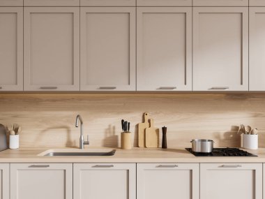 Ahşap duvarları olan modern mutfağın içi, tencere, lavabo ve üzerinde rahat bej dolaplar asılı olan rahat bej dolaplar. 3d oluşturma