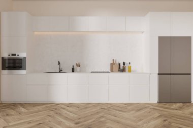 Beyaz duvarları, ahşap zemini, rahat beyaz dolapları, lavabosu, ocağı ve fırını olan ve köşesinde büyük buzdolabı olan modern mutfağın içi. 3d oluşturma