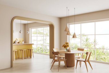 Beyaz duvarlı modern yemek odasının köşesi, ahşap zemin, sandalyeli rahat yemek masası ve arka planda sarı çubuklu mutfak. 3d oluşturma