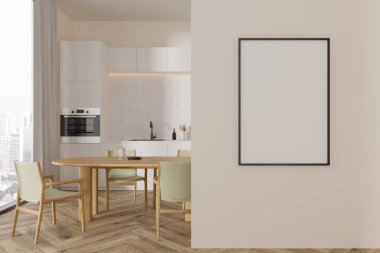 Bej ev mutfağı, yemek masası, sandalyeler, ahşap döşeme. Beyaz yemek dolabı ve gökdelenlerin panoramik penceresi. Bölümdeki tuval posterini taklit et. 3B görüntüleme