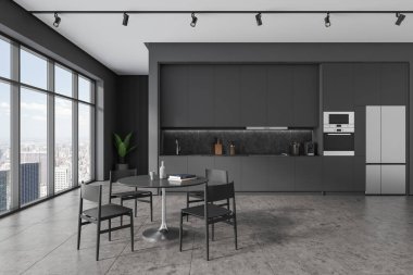Karanlık ev mutfağı, yemek masası, sandalyeler, gri döşemeler. Modern apartmanında buzdolabı olan şık yemek ve yemek pişirme alanları, New York gökdelenlerinde panoramik pencereler. 3B görüntüleme