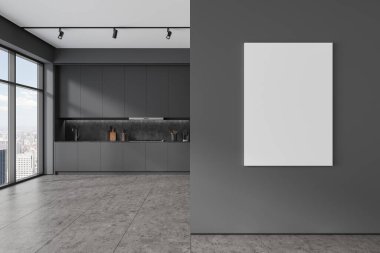 Karanlık ev mutfağı. Dolap, mutfak gereçleri, gri fayanslar. New York 'ta panoramik pencereli bir apartmanda lüks yemek pişirme alanı. Bölümde bir tuval posteri var. 3B görüntüleme