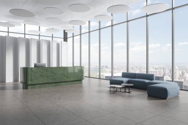 Modern ofis bekleme odasının köşesinde beyaz duvarlar, fayanslı zemin, bilgisayarlı yeşil mermer resepsiyon tezgahı ve sehpanın yanında duran rahat mavi kanepe. 3d oluşturma
