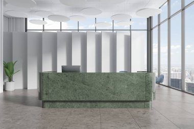Modern ofis lobisi, yeşil mermer resepsiyon masası, bilgisayar, fayans döşemesi. New York manzaralı panoramik pencereli kayıt ya da servis alanı. 3B görüntüleme