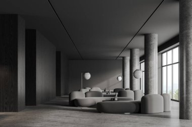 Koyu ofis alanı iç kısmı gri kanepe, sıra kahve masası, gri beton zemin. Kırsal kesimdeki sütunlar ve panoramik pencereler. 3B görüntüleme
