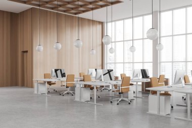 Sıraya dizilmiş koltukları ve bilgisayarları olan modern ofis içi, yan görüş gri beton zemin. Çekmeceleri olan minimalist ofis çalışma alanı, gökdelenlerin panoramik penceresi. 3B görüntüleme