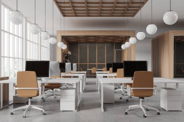 Birlikte çalışma ve cam konferans odası olan şık bir iç mekan, çekmeceli ve sıralı koltuklu bilgisayar. Tropik bölgelerde panoramik pencere. 3B görüntüleme