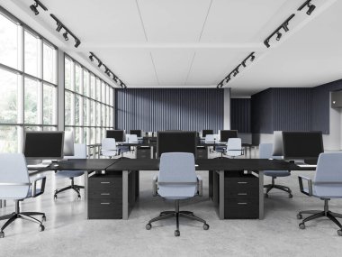 Koltuklar ve bilgisayarlarla aynı sırada açık beton zemin üzerinde mavi bir iç mekan. Çekmeceleri olan minimalist ofis çalışma alanı, tropik bölgelerde panoramik pencere. 3B görüntüleme