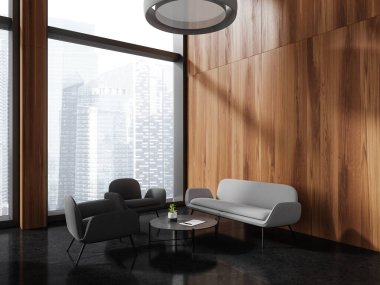 Modern ahşap iş içi gri kanepe ve iki siyah koltuk, yan görüş toplantısı veya sehpası ve Singapur gökdelenlerinin panoramik penceresi olan danışmanlık köşesi ile gevşesin. 3B görüntüleme