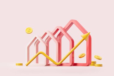 Soyut pembe evler, gayrimenkul fiyatlarında artış. Düşen paralar ve pembe arka planda büyüyen oklar. İpotek faiz oranları ve enflasyon kavramı. 3B resimleme