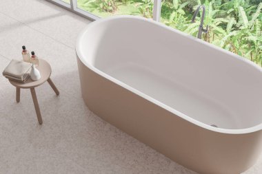 Zarif otel banyosu manzarası banyo küveti, yan masa, fayans döşeme. Modern dairede banyo köşesi. Tropik bölgelerde panoramik pencere. 3B görüntüleme