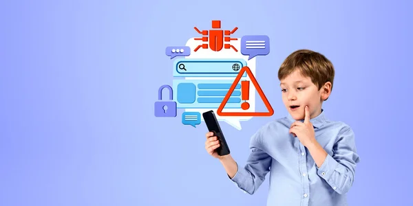 Telefon Parmak Çenesinde Dalgın Çocuk Web Ekranlı Kilit Simgeli Kırmızı — Stok fotoğraf