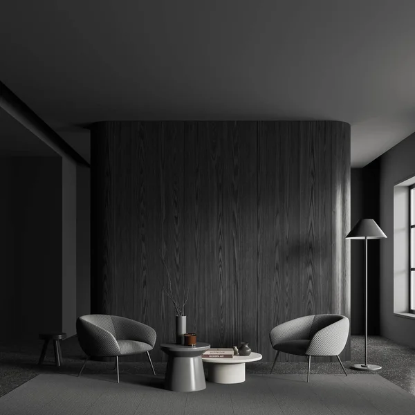 时尚客厅的内部 有灰色和深色的木制墙壁 混凝土地面 两个舒适的扶手椅站在地毯上靠近两个圆形咖啡桌 3D渲染 — 图库照片