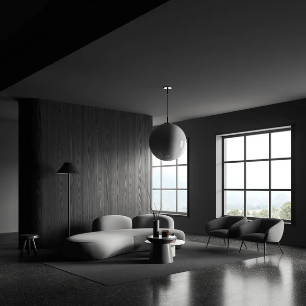 Casa Escura Sala Estar Interior Com Sofá Poltronas Vista Lateral — Fotografia de Stock