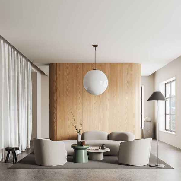Interior of modern living room with white and wooden walls, concrete floor, cozy couch and two armchairs standing on carpet near two round coffee tables. 3d rendering