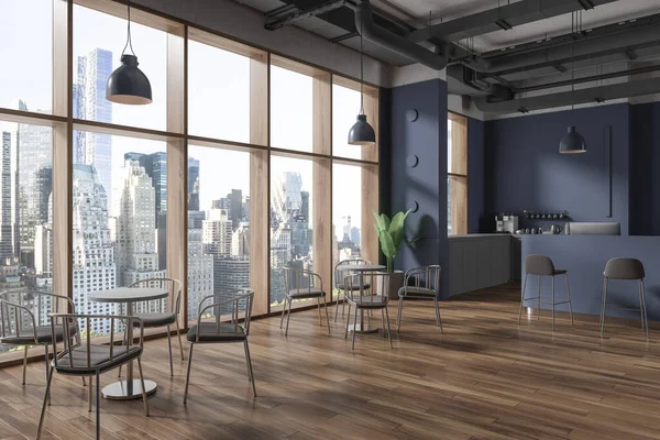 Corner of stylish coffee shop with blue walls, wooden floor, comfortable blue bar counter with stools and compact tables with chairs standing near panoramic window. 3d rendering