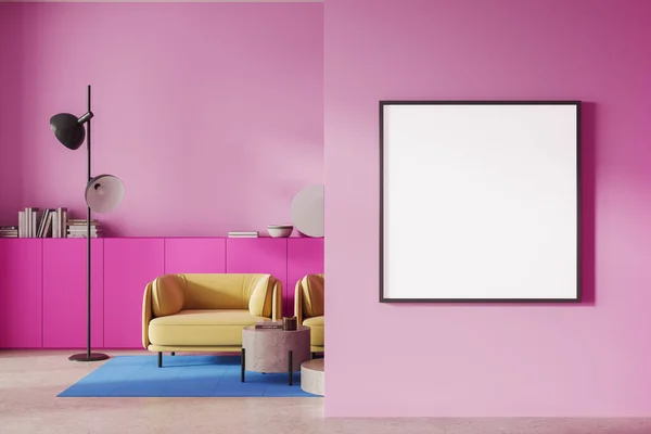Pink home living room interior with soft armchairs and coffee table. Relaxing space with long dresser and art decoration. Mock up square canvas poster on wall partition. 3D rendering
