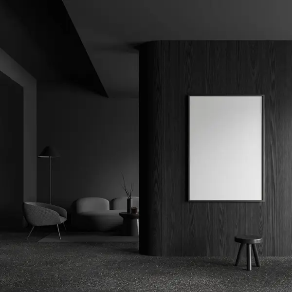 회색과 어두운 콘크리트 아늑한 소파와 테이블 근처에 의자와 오른쪽에 포스터와 — 스톡 사진