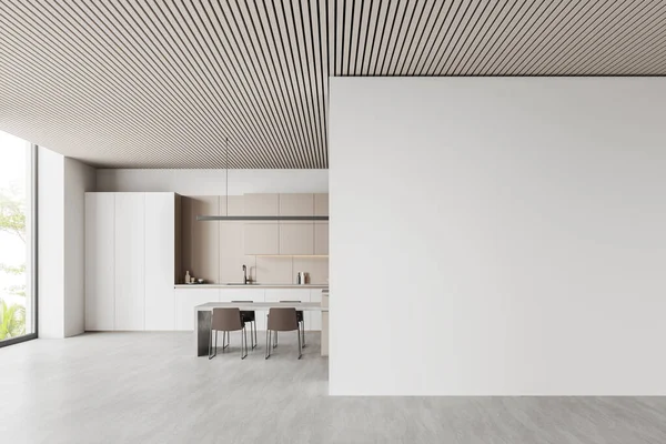 Interior Modern Kitchen White Walls Concrete Floor Comfortable White Beige — Stock Photo, Image