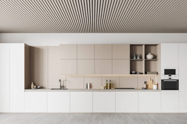 Witte Beige Woonkeuken Interieur Met Kast Keukengerei Grijze Betonnen Vloer — Stockfoto