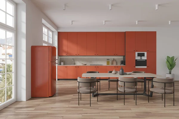 Interior Modern Kitchen White Walls Wooden Floor Comfortable Orange Cupboards — Stock Photo, Image