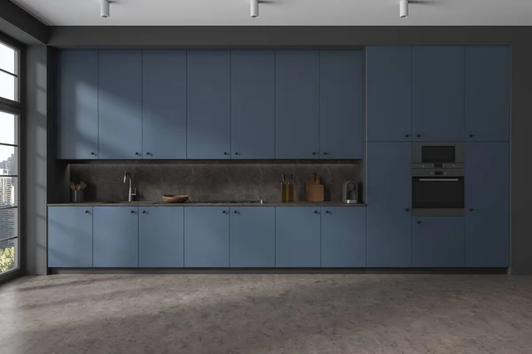 Dark Home Kitchen Interior Blue Cabinet Design Minimalist Kitchenware Coffee — Stock Photo, Image