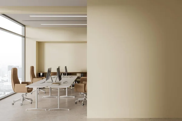 Modern Business Interior Desktop Table Row Brown Armchairs Light Concrete — Stock Photo, Image