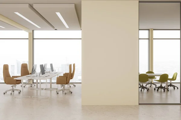 Interior of modern open space office with yellow walls, concrete floor, white computer tables with beige chairs and meeting room with long conference table and blank wall between them. 3d rendering