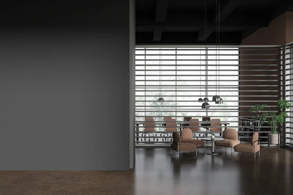 Grey conference room interior with lounge zone, board behind partition and meeting space with armchairs and panoramic window on tropics. Mock up blank wall partition. 3D rendering