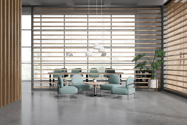 Modern conference room interior with chill area and board behind partition. Lounge zone with armchairs and coffee table. Panoramic window on tropics. 3D rendering