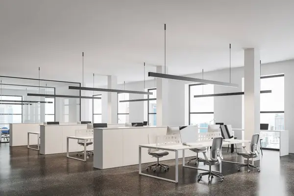 Corner of modern open space office with white walls, concrete floor, columns and rows of computer tables with white chairs. 3d rendering