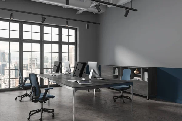 Grey Blue Coworking Interior Computers Shared Desk Side View Sideboard — Stock Photo, Image