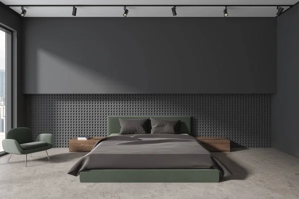 Donkere Hotelkamer Interieur Bed Fauteuil Grijze Betonnen Vloer Ontspan Slaap — Stockfoto