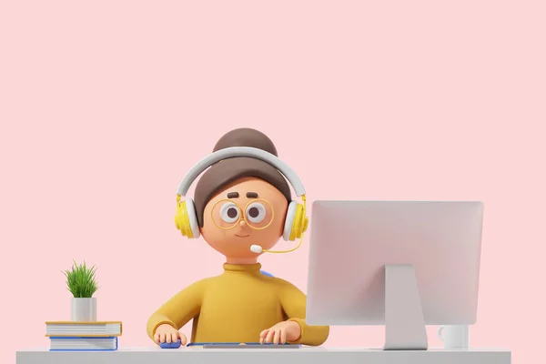 Cartoon Χαρακτήρα Γυναίκα Χειριστή Ακουστικά Κάθεται Υπολογιστή Στο Τραπέζι Κενό — Φωτογραφία Αρχείου