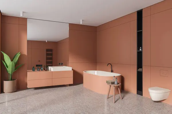 Corner Stylish Bathroom Orange Walls Tiled Floor Comfortable Orange Bathtub — Stock Photo, Image