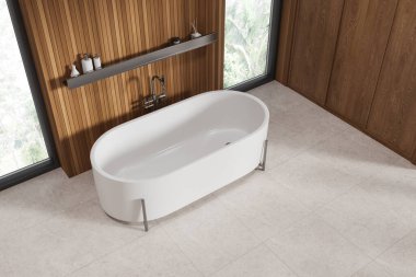 En iyi otel banyosu manzarası banyo küveti ve aksesuarlı raf, beton döşeme. Modern dairede banyo köşesi. Tropik bölgelerde panoramik pencere. 3B görüntüleme