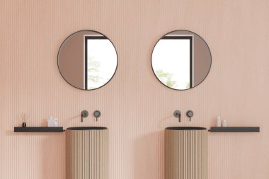 Sıcak otel banyosu, çift lavabo ve yuvarlak ayna, panoramik pencere yansıması. Minimalist aksesuarlarla donatılmış bir raf. 3B görüntüleme