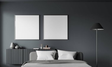 Karanlık ev yatak odası iç yatak odası dekorasyonu, gri yatak örtüsü ve lambası olan bir dolap. Şık tasarımı olan dinlenme odası. Kare tuval posterlerini sıraya dizin. 3B görüntüleme
