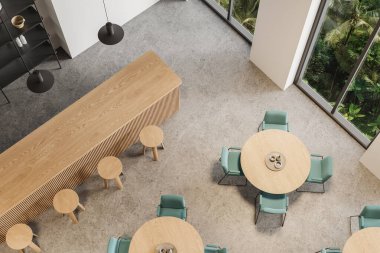 Samimi bir kafe manzarası, sandalyeler, yuvarlak masa, hafif granit zemin. Tezgahı ve rafı olan bar veya restoran, tropik bölgelerde panoramik kemer penceresi. 3B görüntüleme